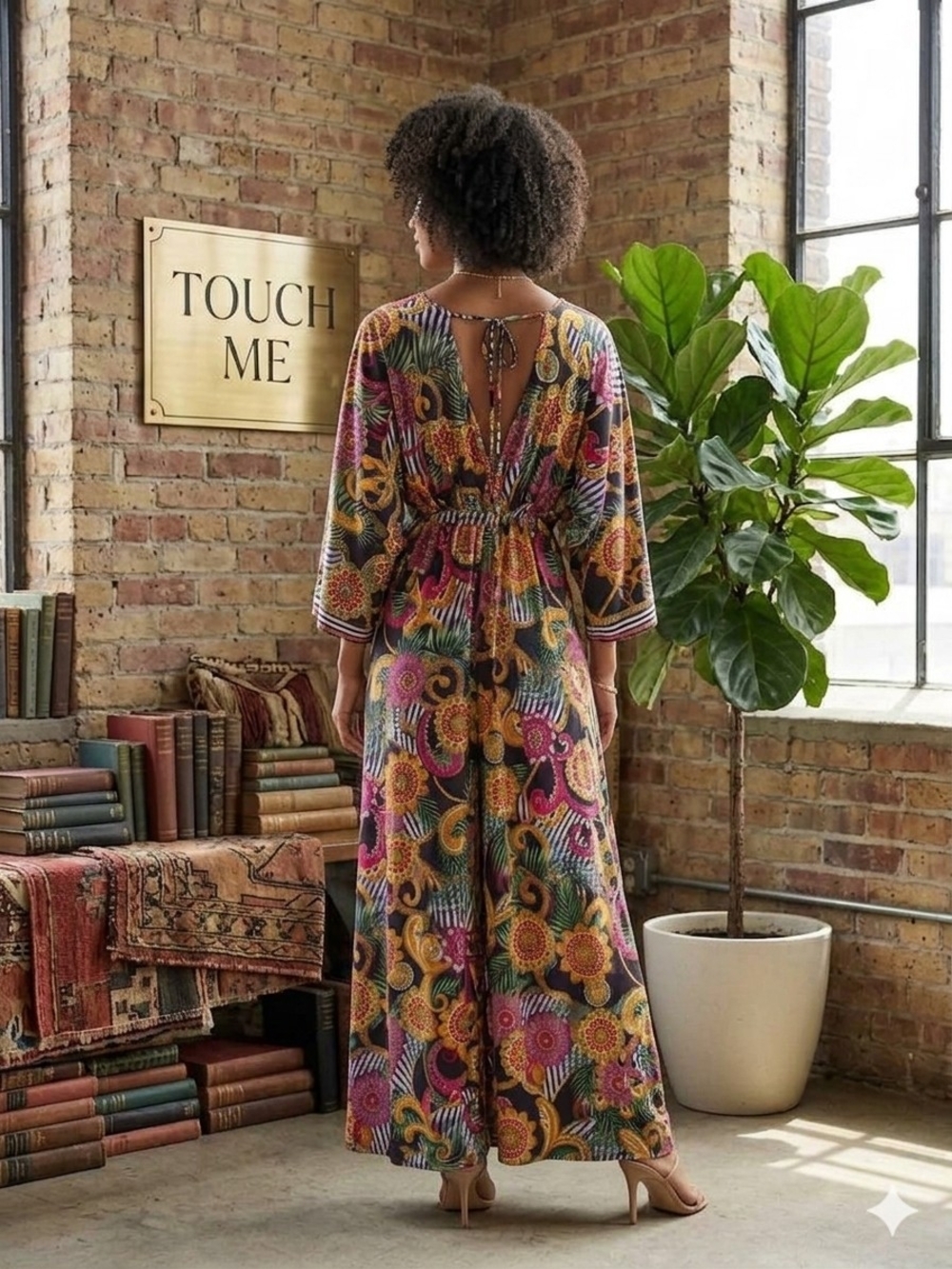 Touch Me Floral Multi-Color Maxi Dress with V-Neck and Tie Waist Woman's - Picture 2 of 11